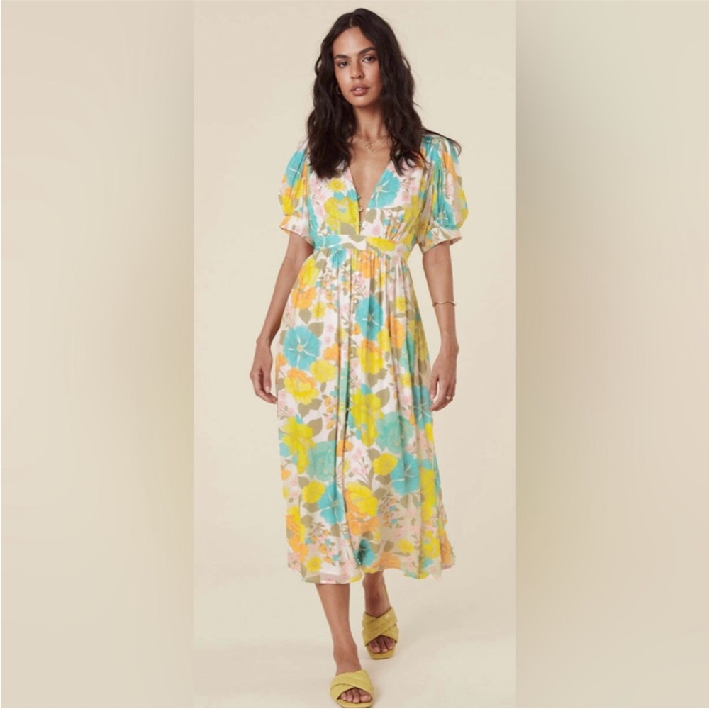 Spell Lemonade Soirée Yellow and Blue Floral Midi Dress Size Medium